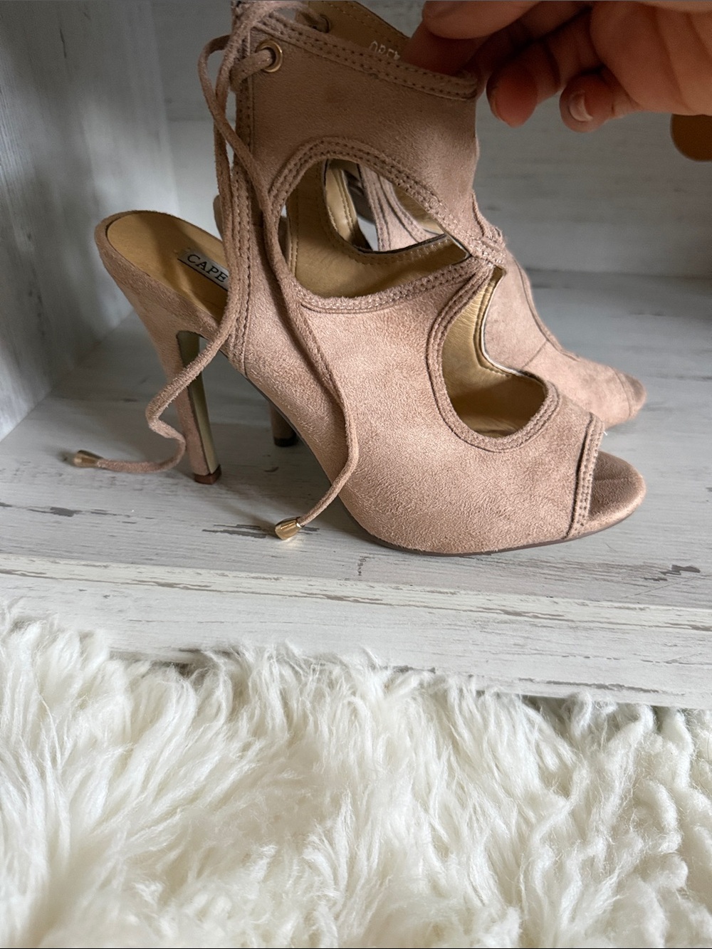 Cape Robbin Blush Suede Peep-Toe Lace-Up Heels